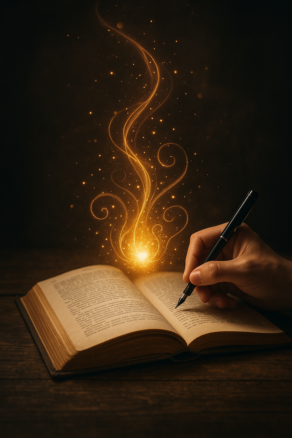 Hand writing in open book with pen. Glowing golden swirls rise from the page. Warm, mystical ambiance on dark wooden table.