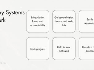 Presentation slide titled ‘Why Systems Work’ with six benefits listed: bring clarity, focus, and accountability; go beyond vision boards and to-do lists; easily repeatable; track progress; help to stay motivated; provide a clear direction.