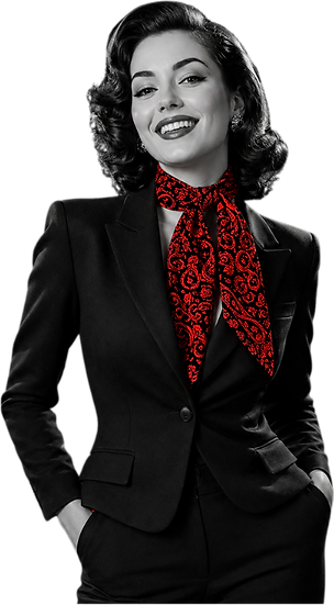 1960's black and white woman with red doodle art style scarf