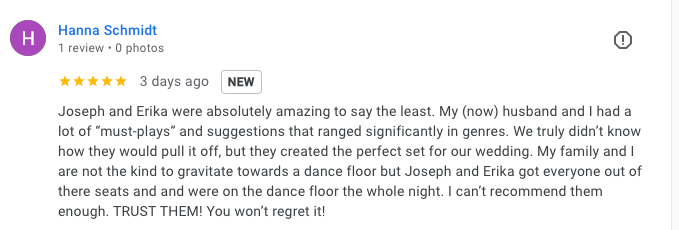 A 5-star review by Hanna Schmidt praises Joseph and Erika's music at a wedding, describing a lively dance floor and high recommendations.