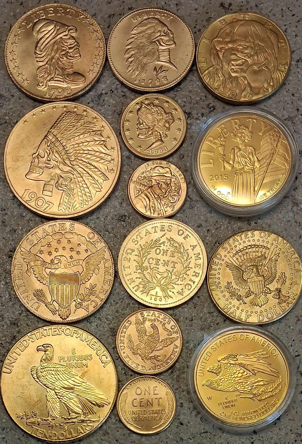 Thumbnail: 100 Gold Plated Full Rounds + Morgan & Trade Flowing Silver Dollar US COPY Coins
