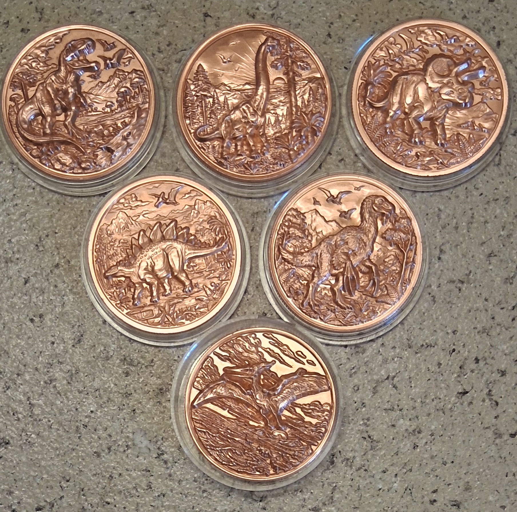 6-SET: DINOSAUR COINS - 3D HIGH-RELIEF 1OZ BU COPPER - .999 FINE BULLION