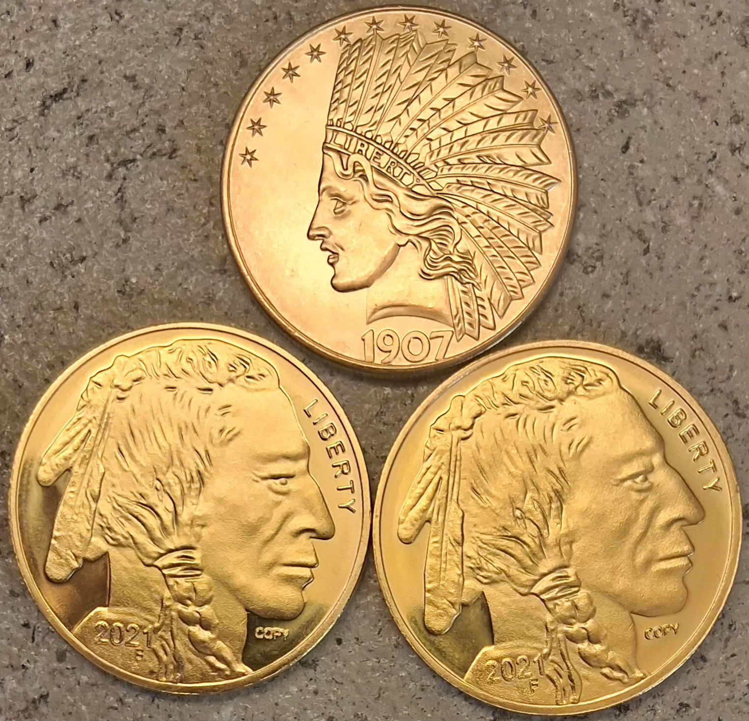 3 Coins 1907 INDIAN/EAGLE 2021&24 INDIAN HEAD/BUFFALO Gold Plated US COPY Coins