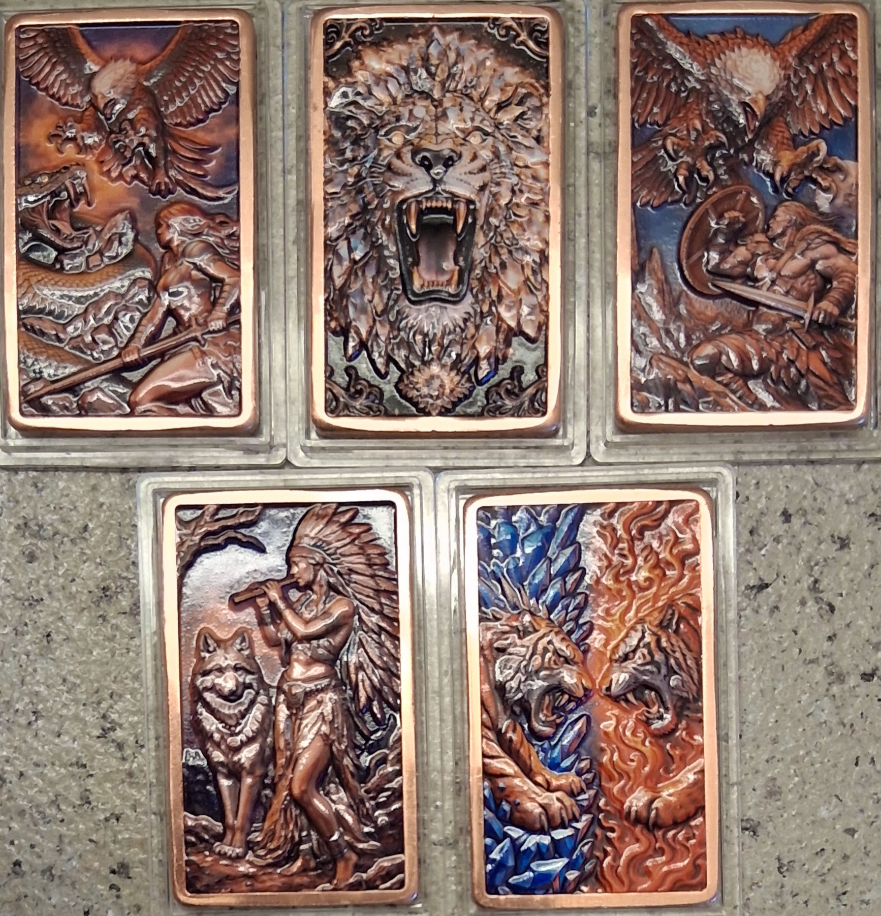5 COPPER BULLION BARS 3D HI-RELIEF UV COLORED 1 Oz BU .999 FINE BULLION BAR