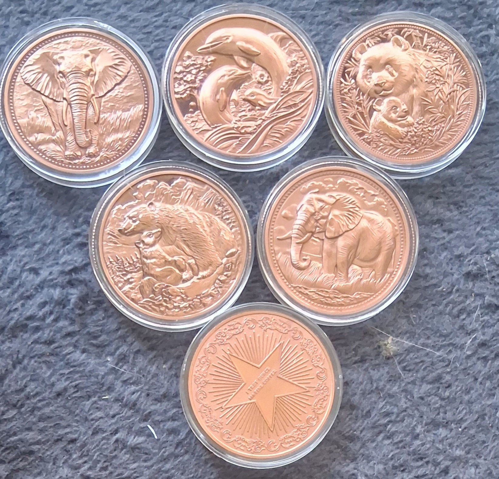 5 ANIMAL .999 FINE COPPER ROUNDS - 3D HIGH-RELIEF COINS - HIGHEST QUALITY!