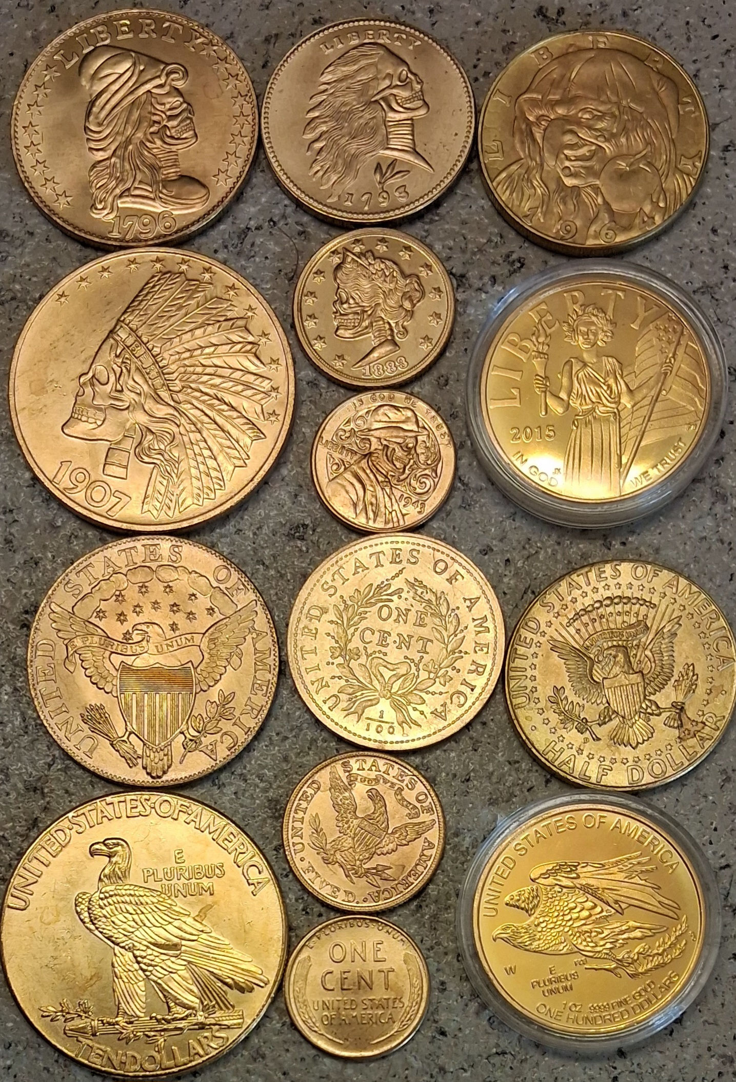 350 SKELITION GARGOYLE GRIM REAPER TOKENS Gold Plated Metal Token Coins BULK LOT