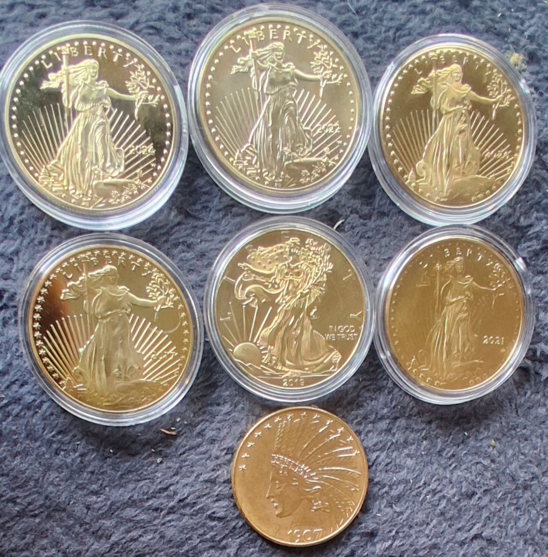 7 Coins: INDIAN ST. GAUDENS & WALKING LIBERTY 40mm Gold Plated US COPY Coin Lot