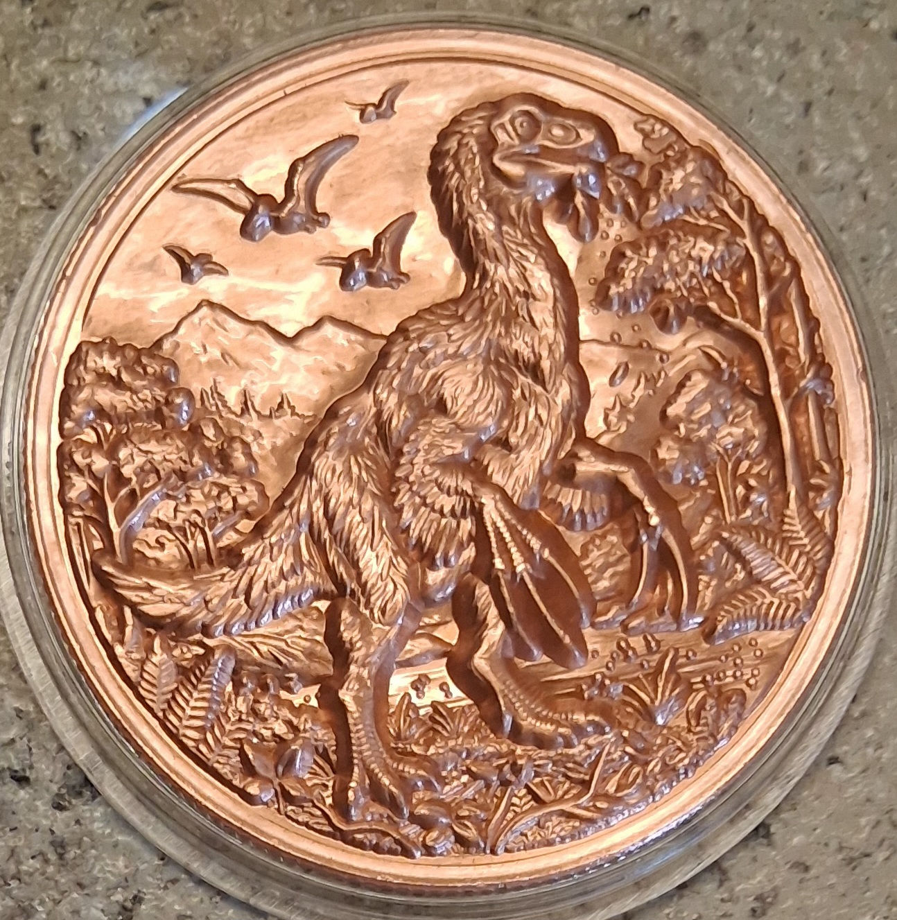 VELOCIRAPTOR DINOSAUR COIN 3D HIGH-RELIEF - 1 Oz. BU COPPER .999 FINE BULLION
