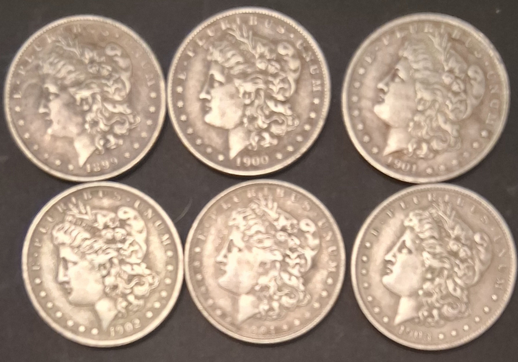 6 Morgan Silver Dollar US COPY Coins 1899 - 1904 Looks/Feels Authentic!