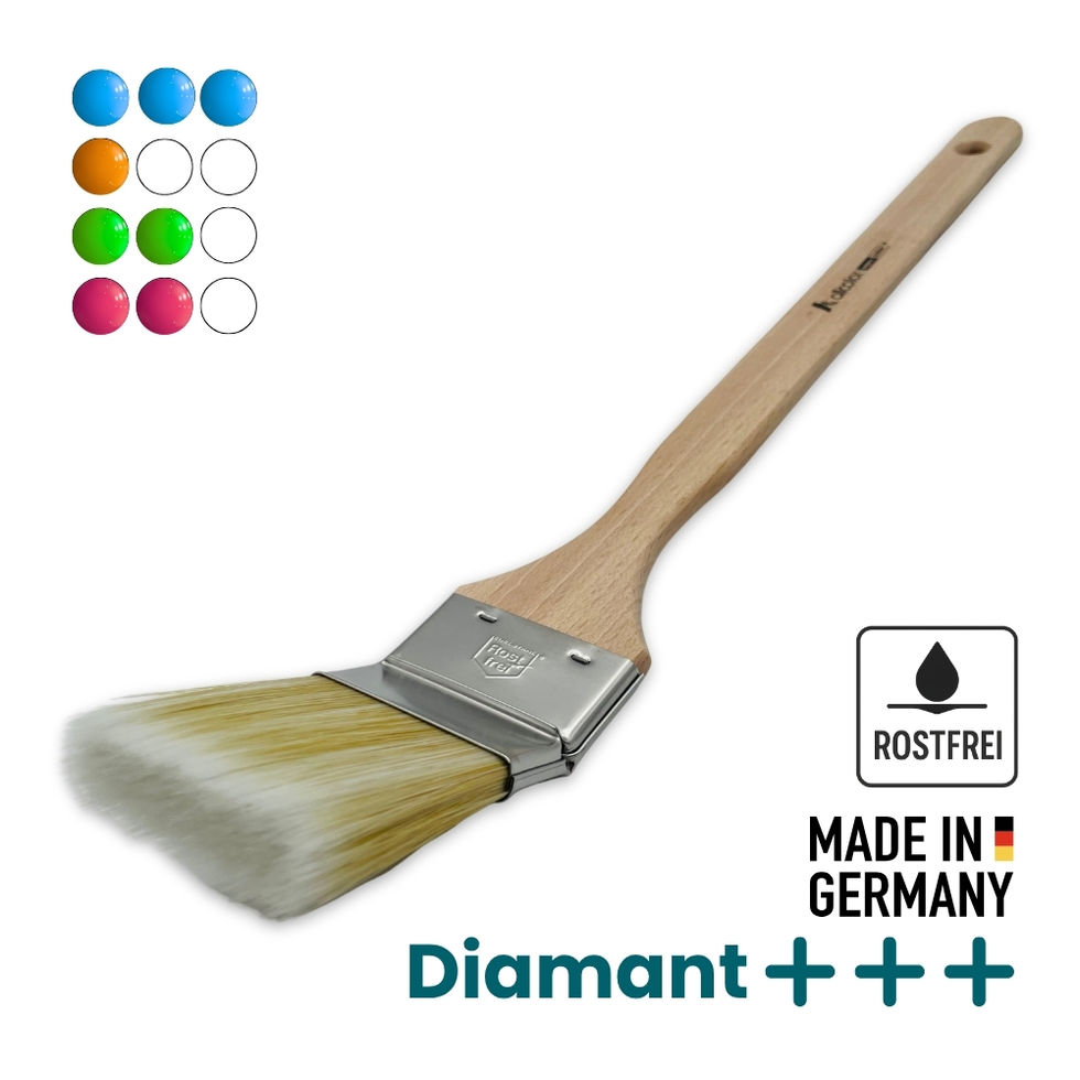 Robuster Heizkörperpinsel mit schräger Form und grünlichem Synthetikbesatz – für saubere Linien in engen Bereichen