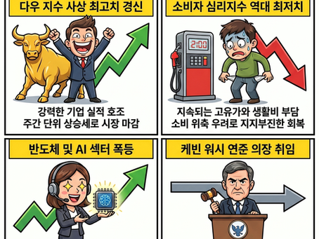 다우 5만 선 최고치 경신 속 엇갈린 소비 심리, 케빈 워시 연준의장 취임과 AI PC로 반도체 강세(05/22/26)