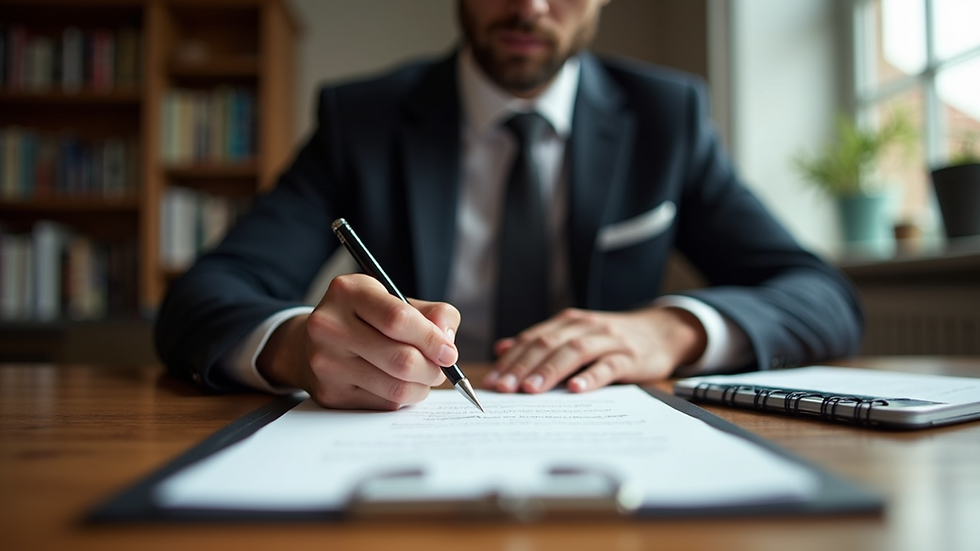 Eye-level view of a man writing a letter at a wooden desk