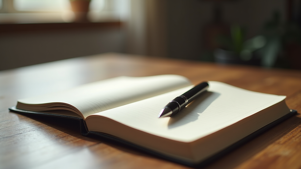 Close-up view of a journal and pen on a wooden table