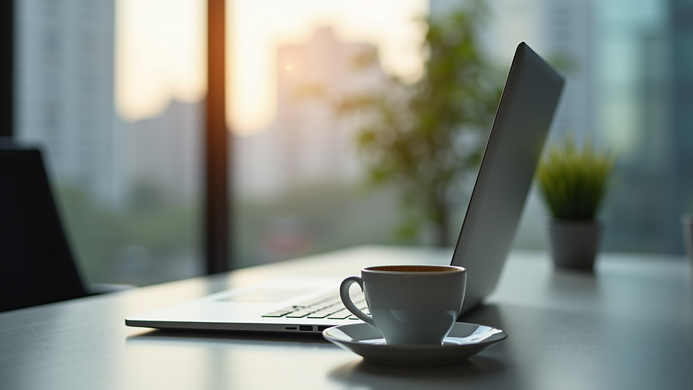 Eye-level view of a modern office desk with a laptop and a cup of coffee