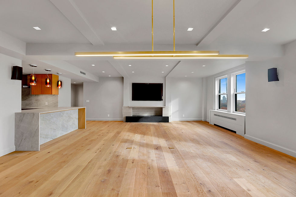 NYC gut renovation – living room with coffered ceiling and original moldings