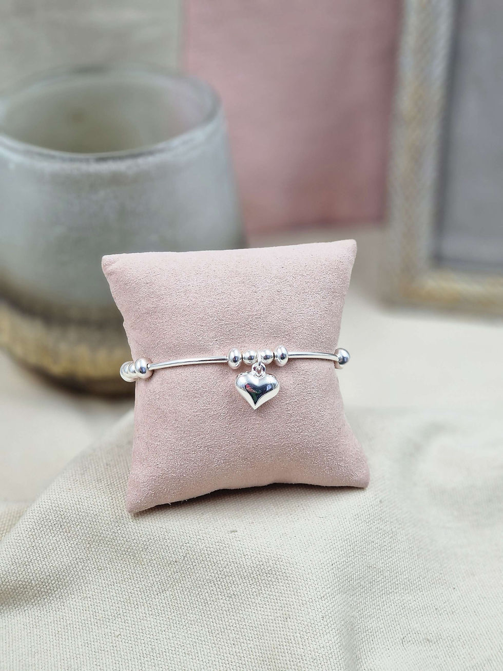 Bracelet argent 925 et minis joncs, pendentif coeur