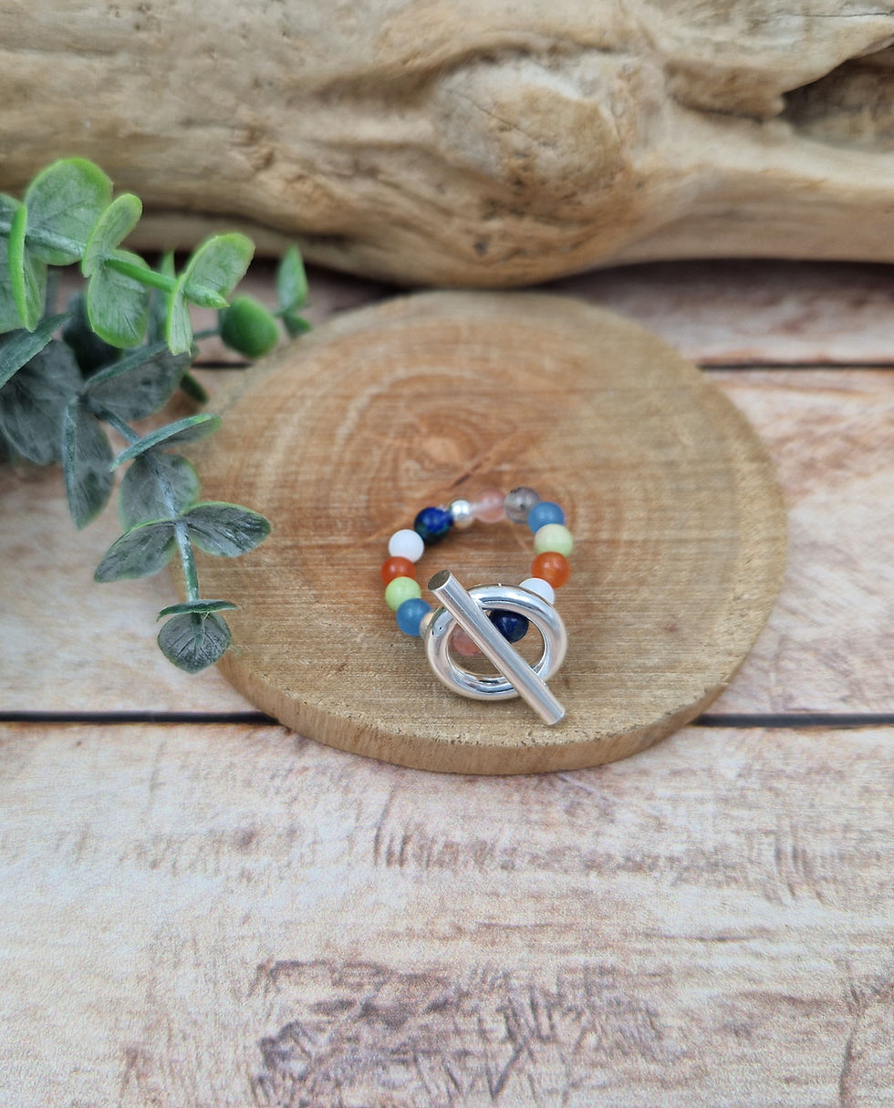 Miniature : Bague argent 925 - perles 4mm pierres fines et fermoir T