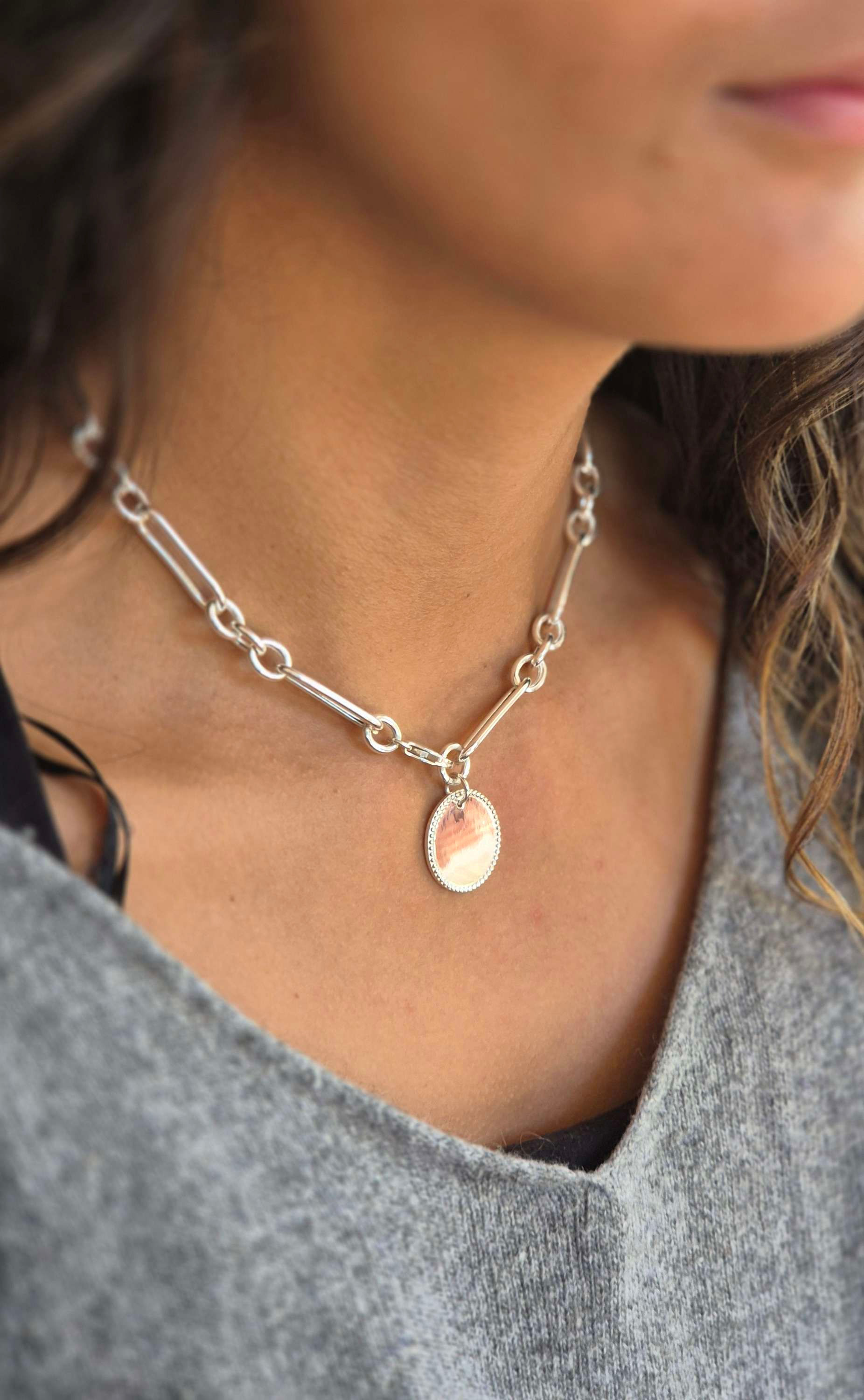 Collier ras du cou argent - chaîne mailles alternées - pendentif médaille 20mm