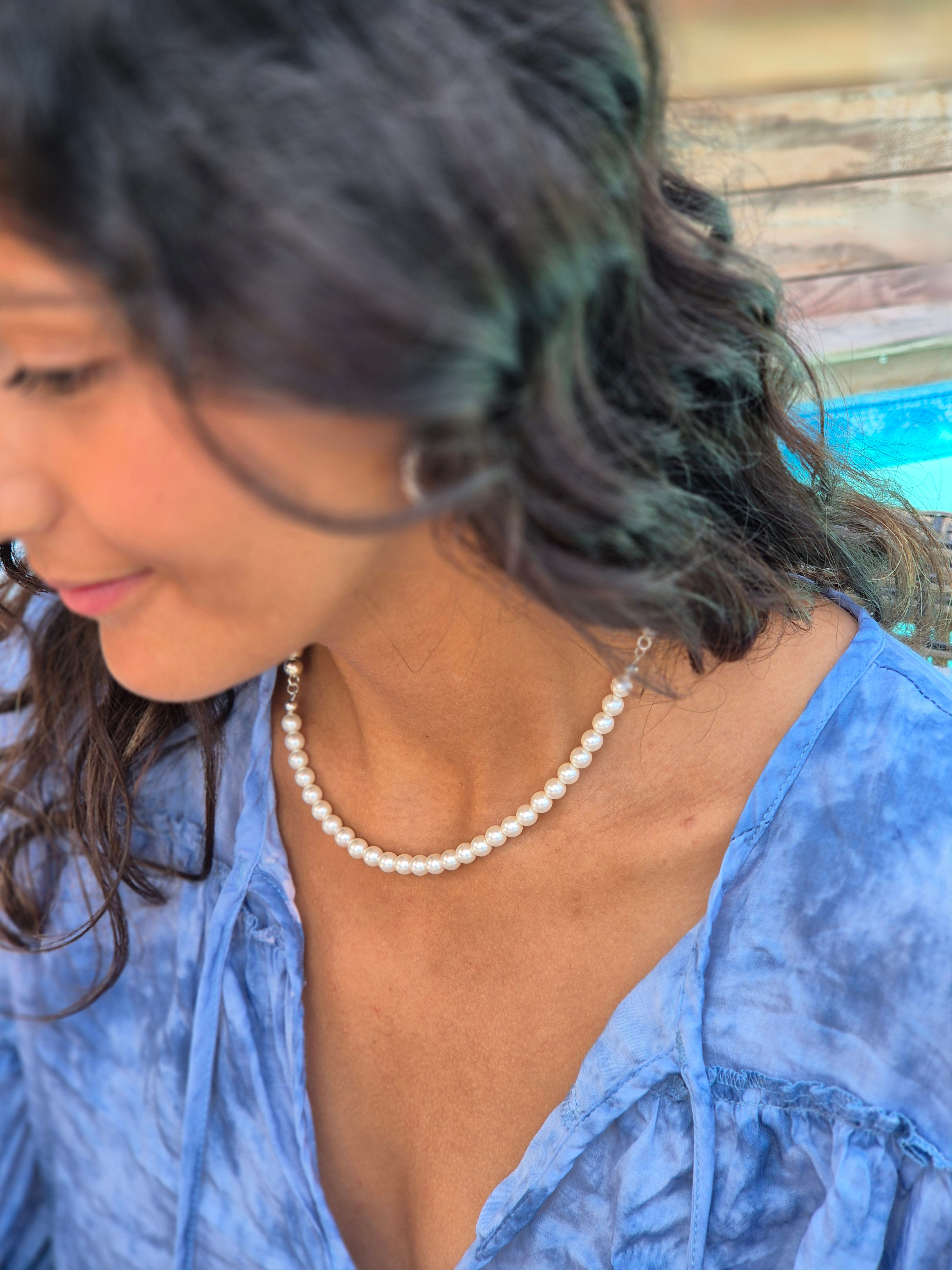 Collier ras du cou boules 6mm nacrées et argent