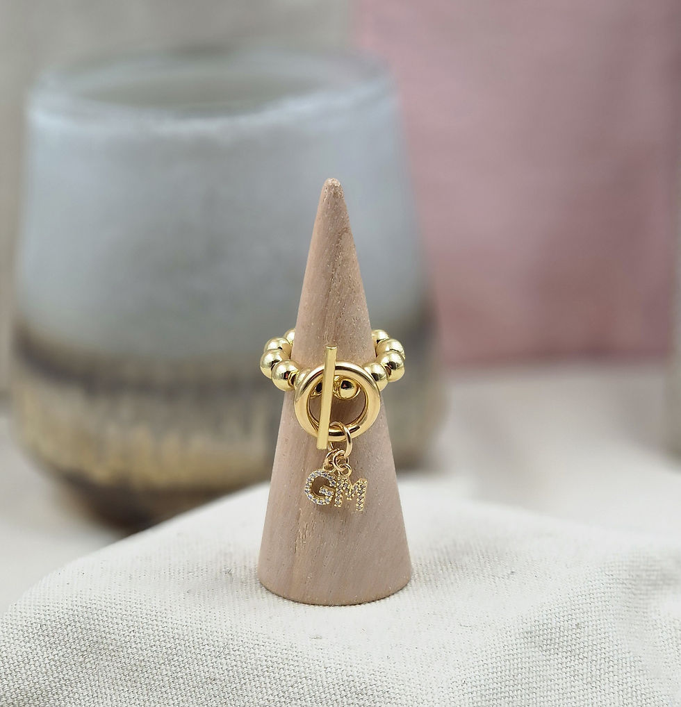 Miniature : Bague perles 6mm - fermoir T - initiales zircons 