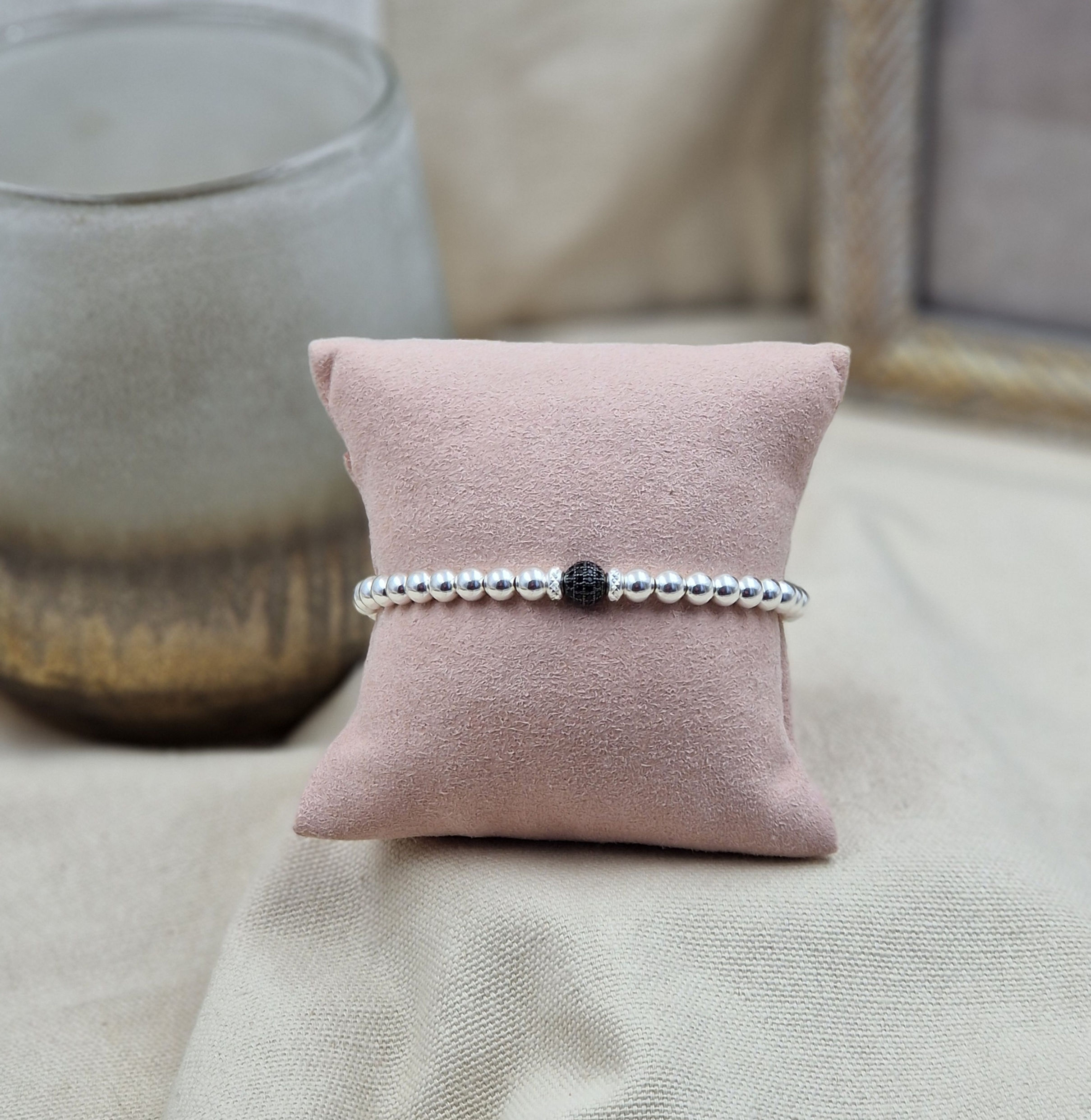 Bracelet argent - Perles 5 mm - perle zircons noirs 6mm