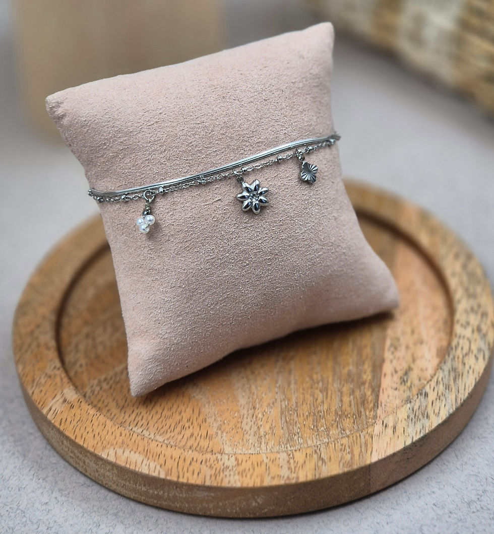 Bracelet double rangs Fleurs- Acier inoxydable argenté