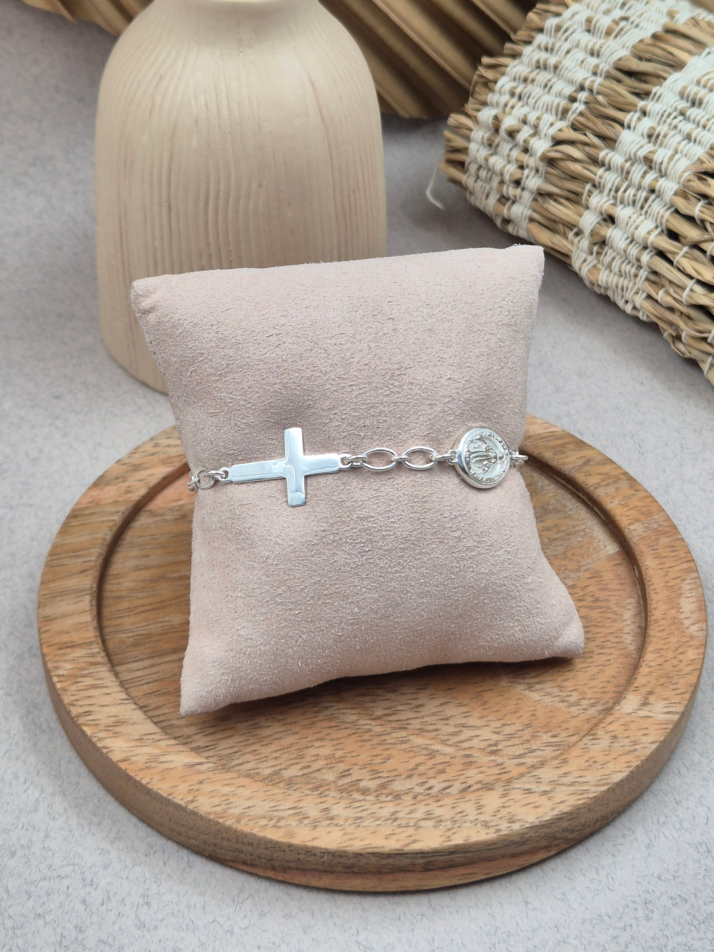 Eustache - Bracelet argent 925 chaîne et intercalaires vierge et croix
