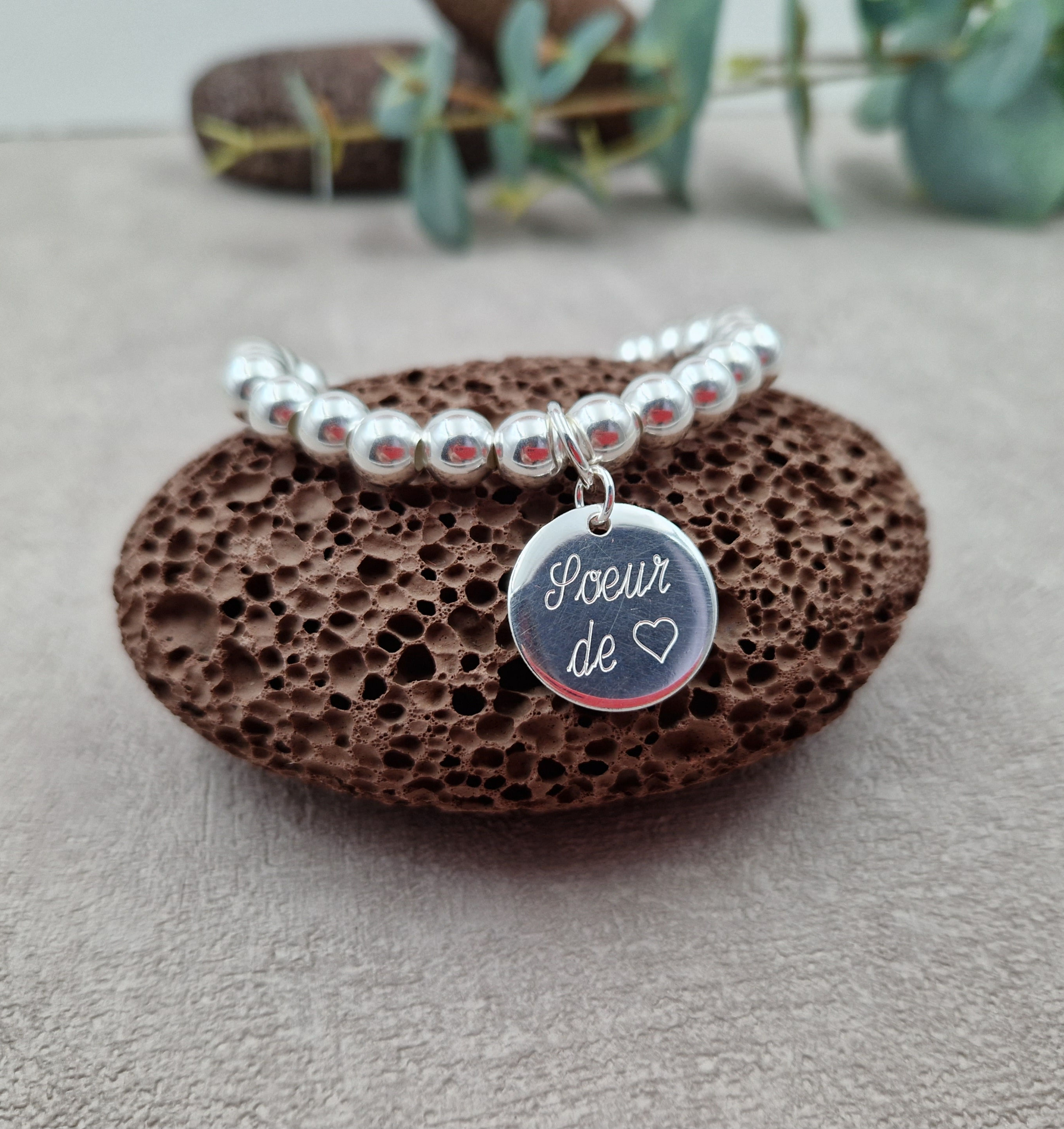 Bracelet argent 925 - perles 8mm -  médaille 19mm