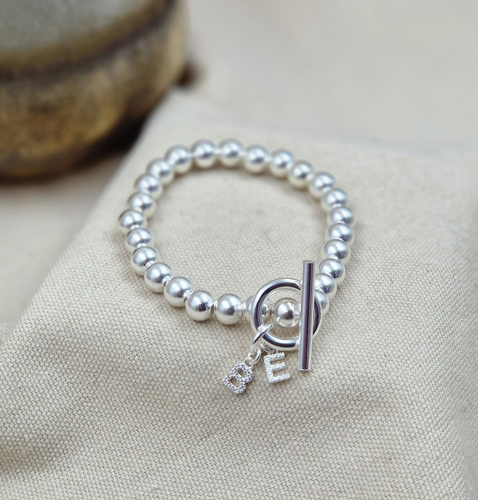 Miniature : Bracelet argent - fermoir T- pendentifs lettres zircons (5 tailles de perles)