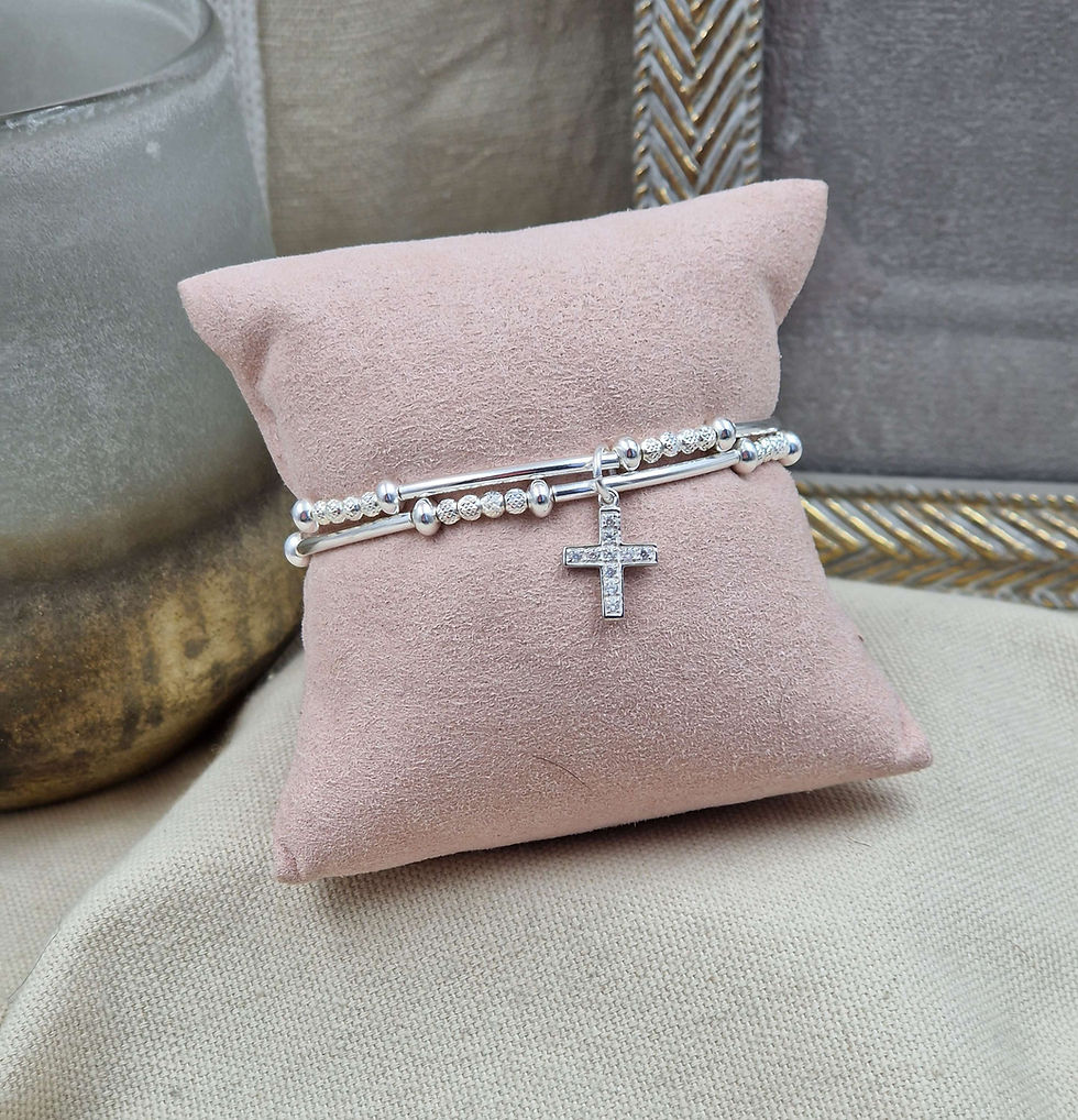 Miniature : Lucien - Bracelet "strass" double rangs minis joncs et pendentif croix