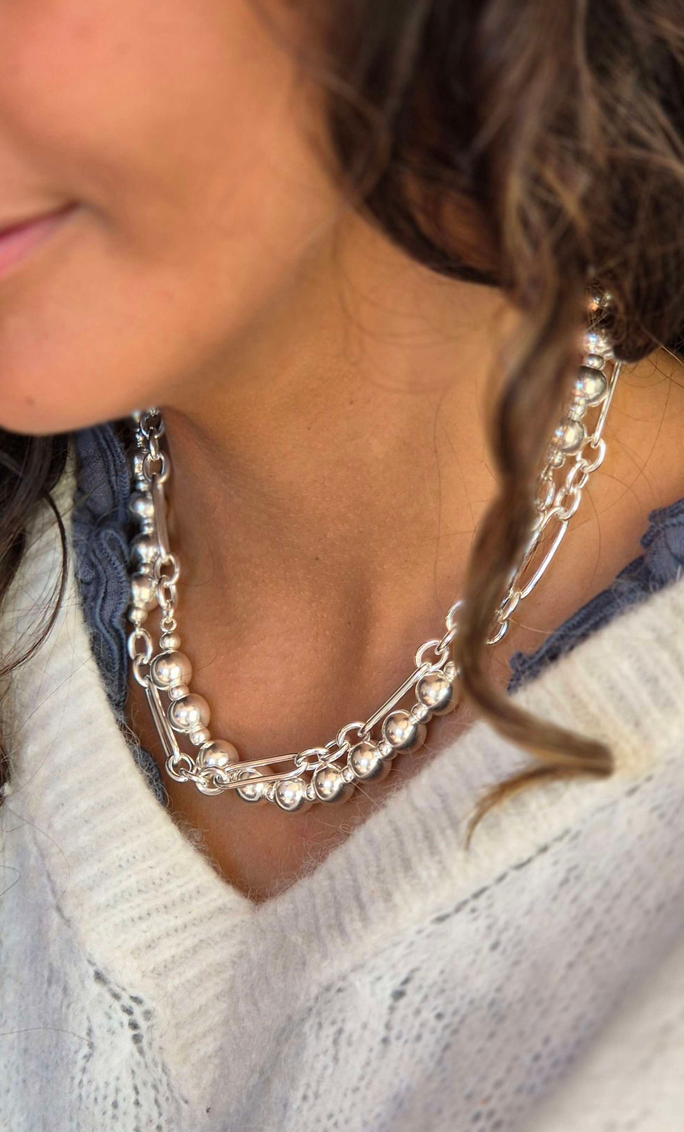 Miniature : Collier double rangs chaîne et boules