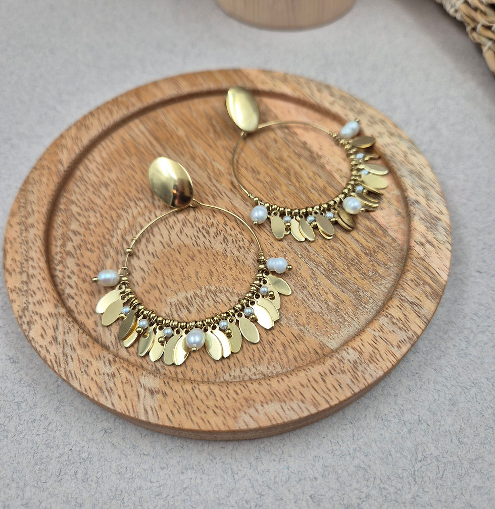 Miniature : Créoles perles d'eau douce - Acier inoxydable doré