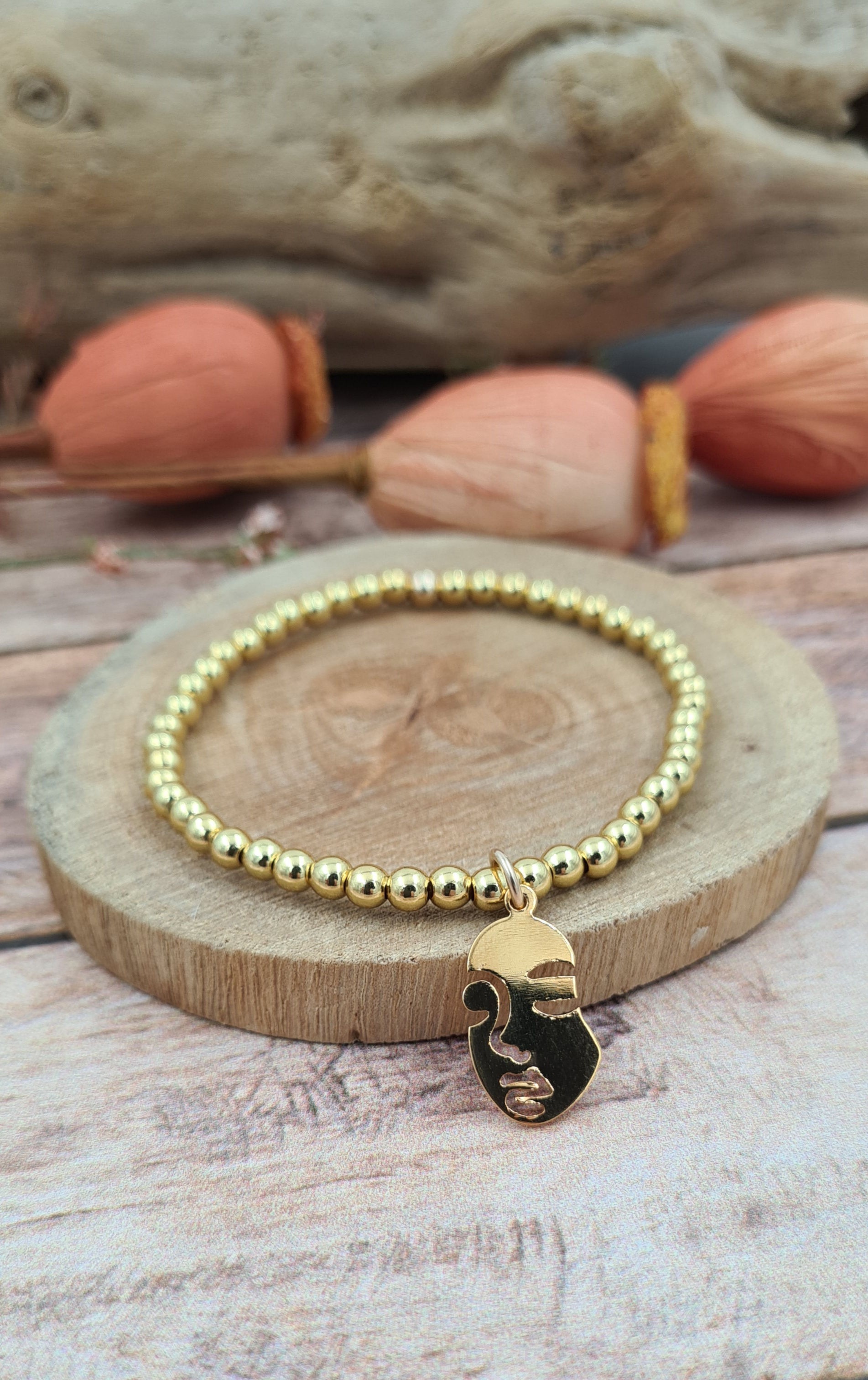 Bracelet gold-filled - perles 4mm pendentif visage