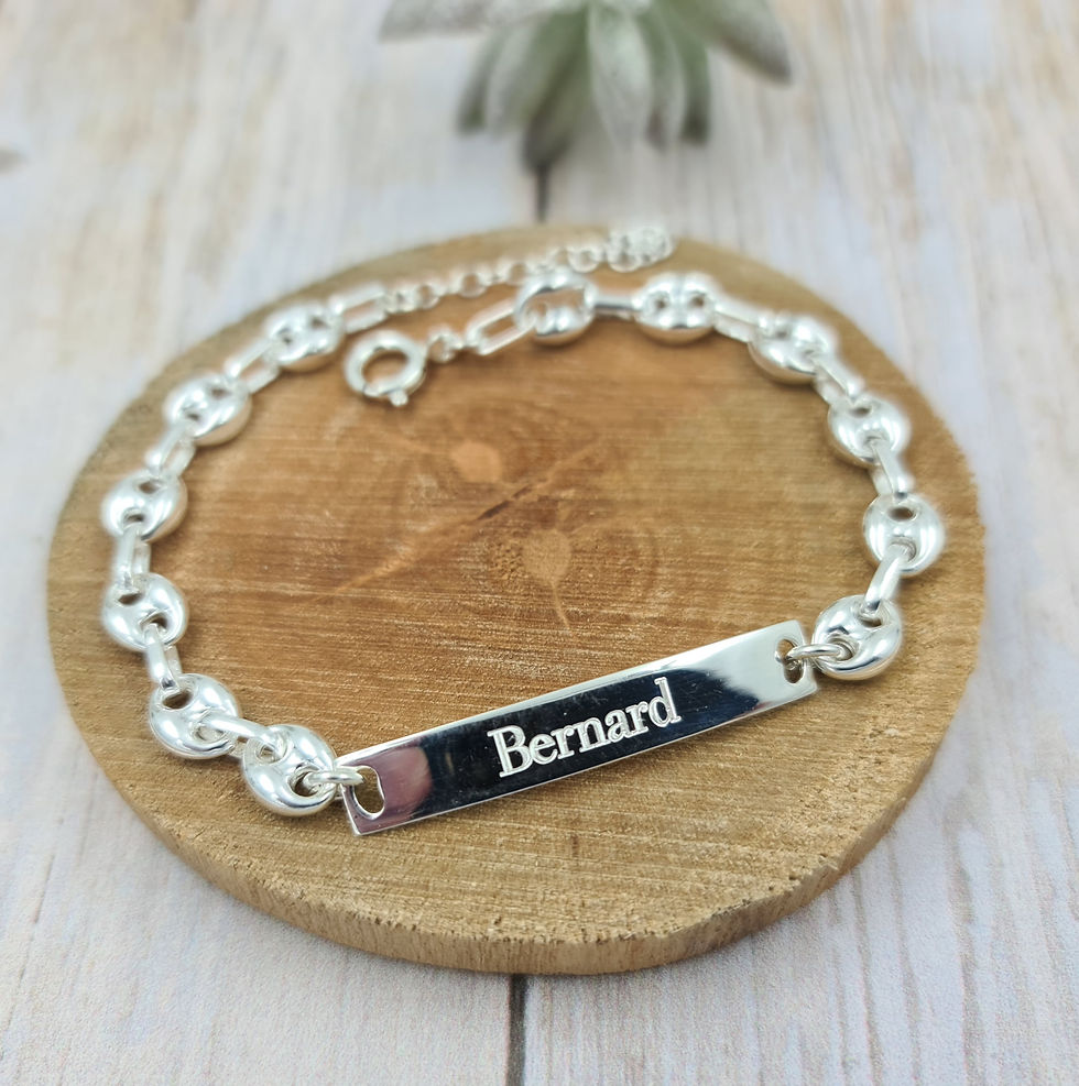 Bracelet homme chaîne grain de café - intercalaire plaque/gourmette en argent