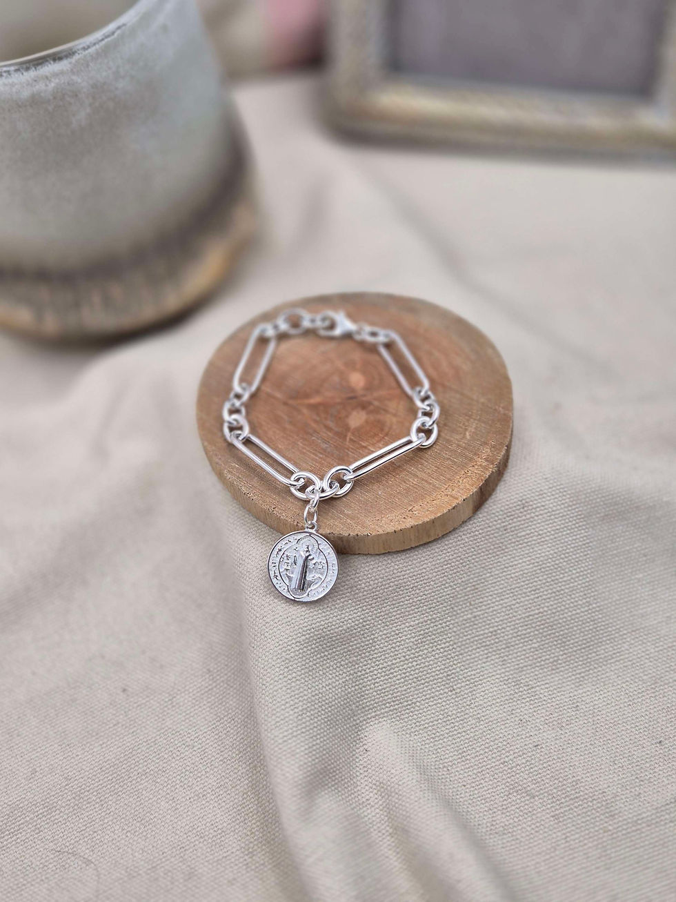 Miniature : Bracelet argent 925 chaîne mailles alternées  médaille  St Benoît 