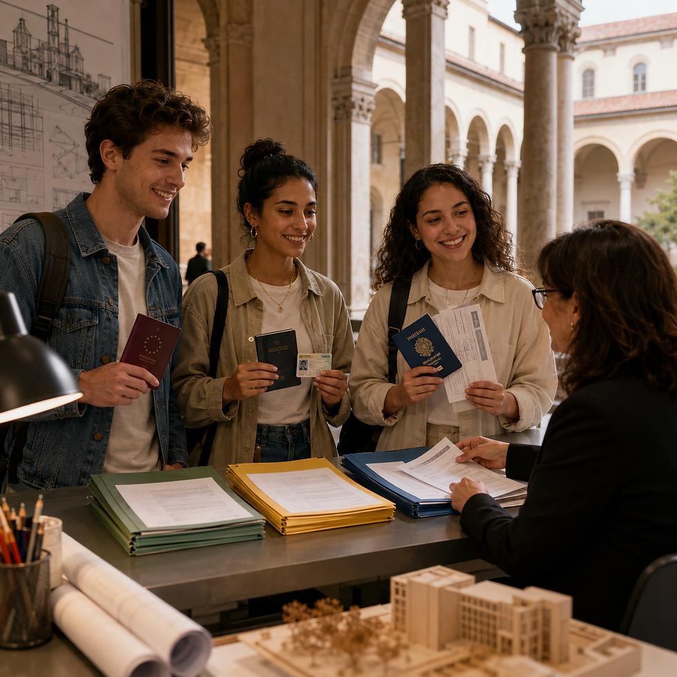 Estudantes estrangeiros com passaportes em frente a uma universidade italiana, candidatos à prova de Arquitetura