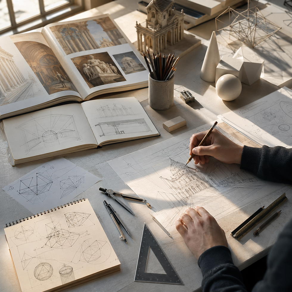 Mesa com livros, esquadros e croquis usados no estudo de desenho e representação para a prova de Arquitetura