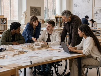 Estudante pesquisando sobre o curso de Arquitetura na Itália em um notebook, com maquete arquitetônica ao fundo