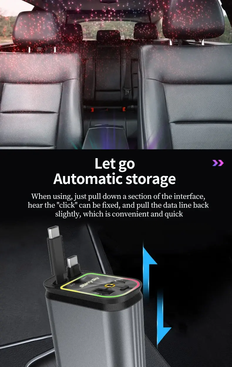 Thumbnail: 2024 New 120w Retractable Car Charger With Starry Sky Light 4 in 1 Fast