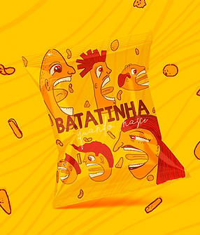 Um saco de salgadinhos com diversas cabeças com formato de PacMan comendo batatinhas. No pacote se lê "Batatinha quando nasce"