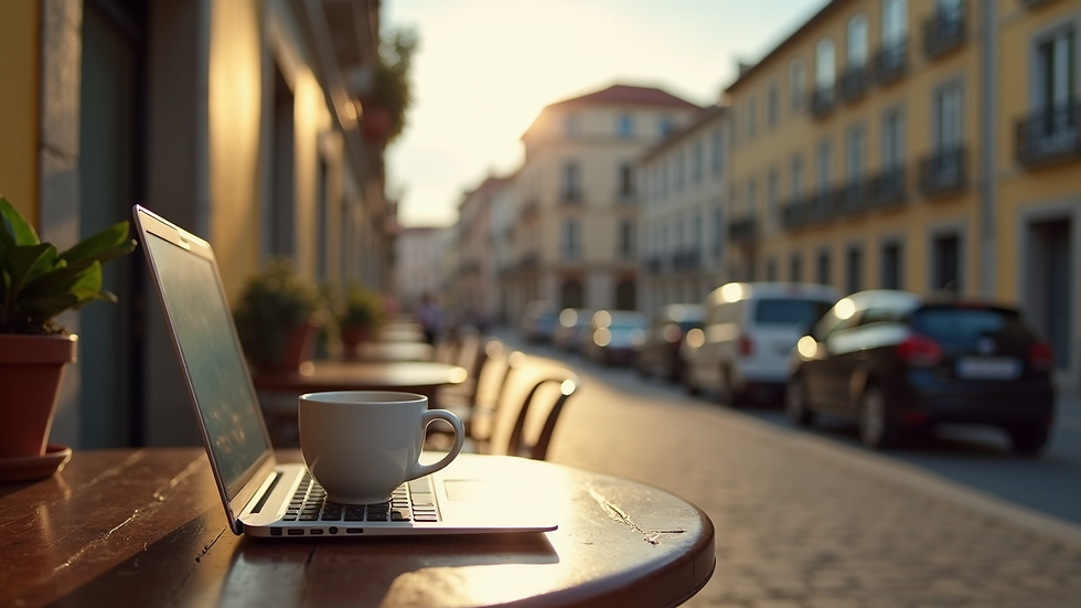 Eye-level view of a quiet Portuguese café terrace with a laptop and coffee cup