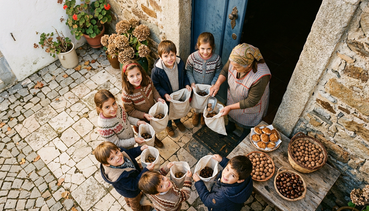 Overhead view of children receiving small cakes and nuts for Pão-por-Deus