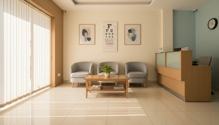 Wide-angle view of a calm eye clinic waiting area with vision charts and soft seating.