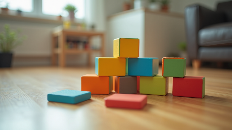 Close-up view of colourful building blocks stacked on a wooden floor