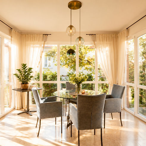 Lichtdurchflutetes, modernes Wohnzimmer mit eleganter Sitzecke, großen Fensterfronten und stilvoller Inneneinrichtung – professionelle Immobilienfotografie.