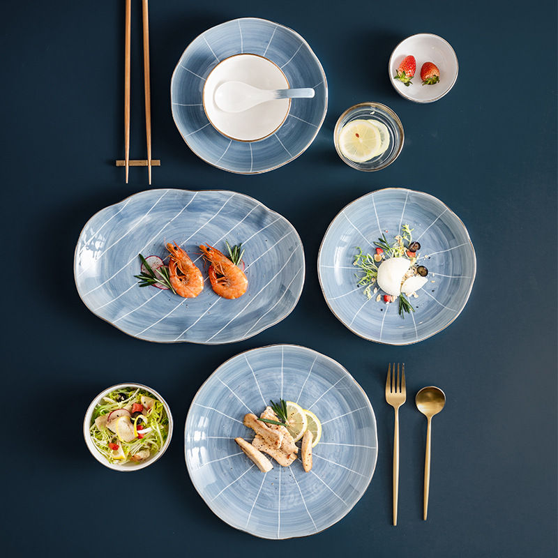 4-piece blue ceramic tableware set