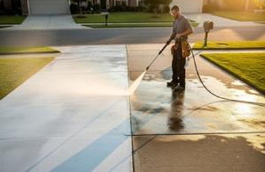 Handyman pressure washing a dirty concrete driveway, with one side already clean.