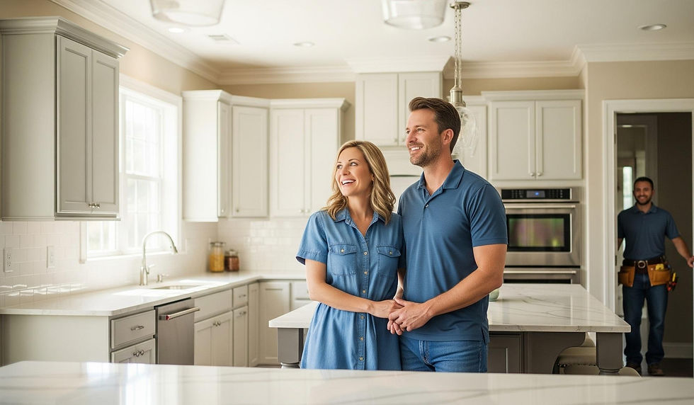 Happy couple admiring their beautifully remodeled kitchen completed by Best Lakeland Handyman