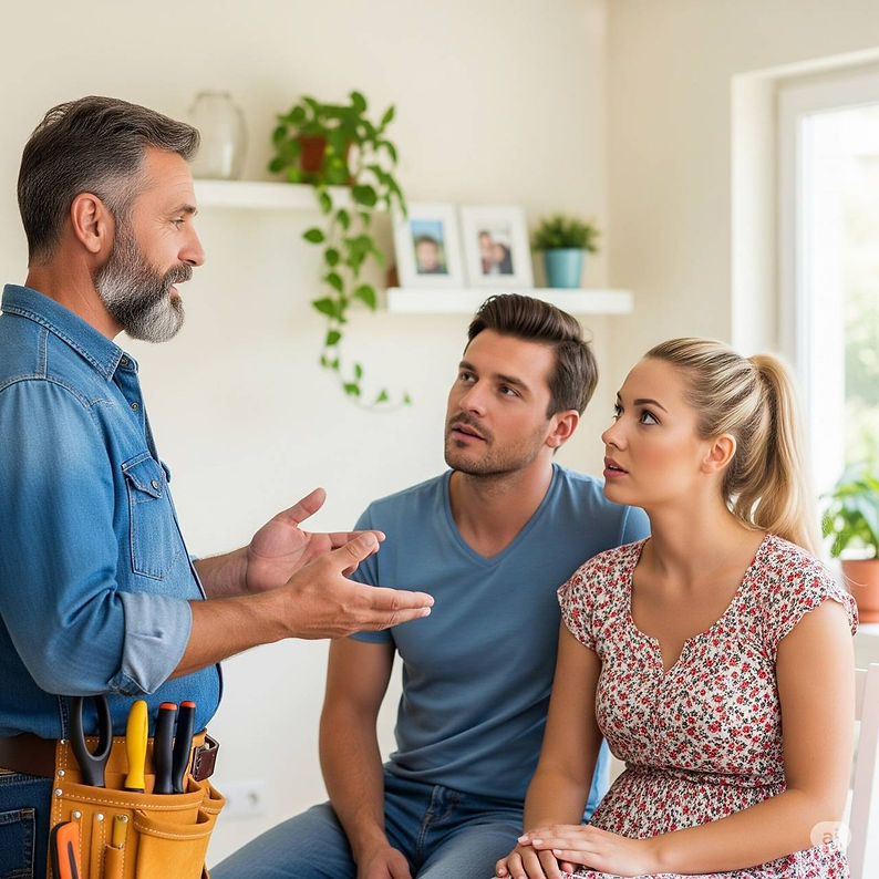 Professional handyman explaining terms of service to a couple