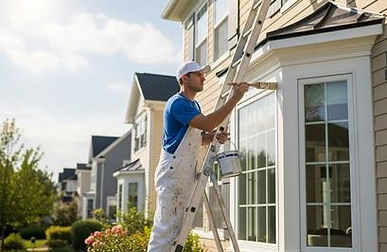 A professional painter on a ladder painting the exterior trim around a window.